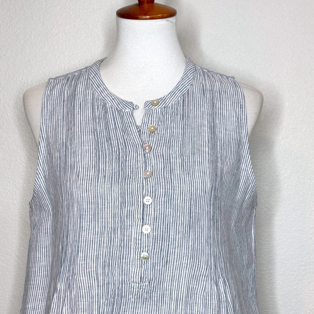 QUINCE 100% European Linen Sleeveless Swing Dress M Blue Pinstripe EUC Beach - Picture 2 of 10